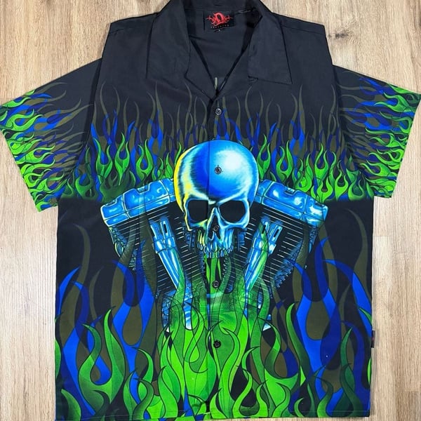 Y2K Skull Engine Green&Blue Flames Button-Up