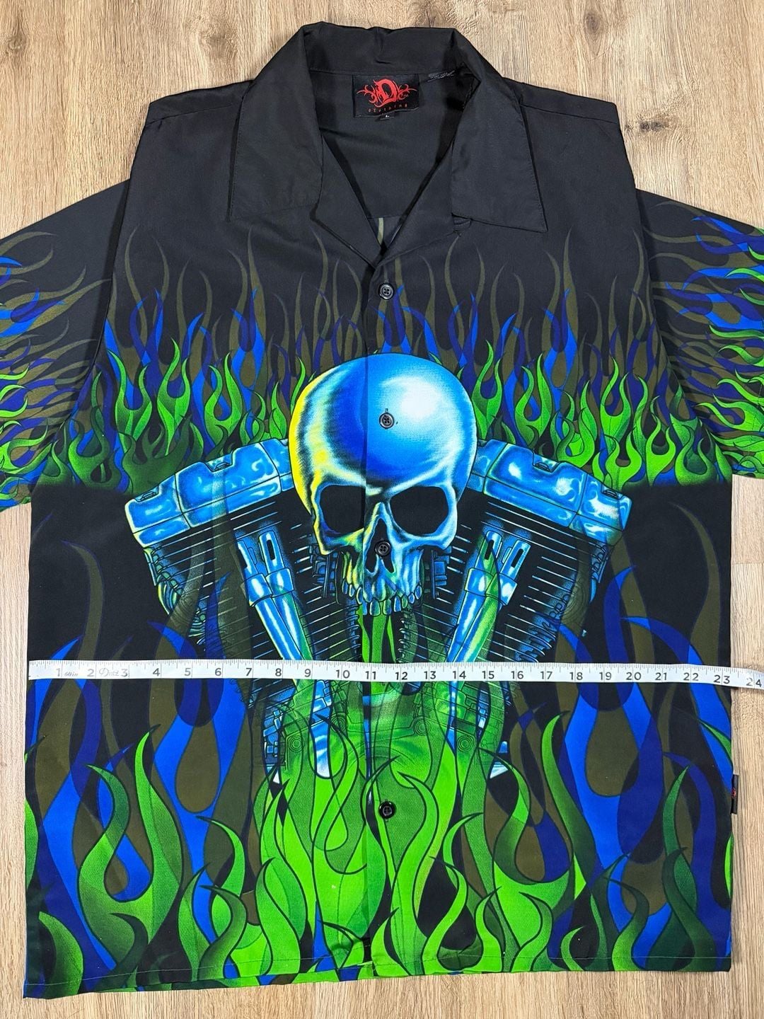 Y2K Skull Engine Green&Blue Flames Button-Up 3