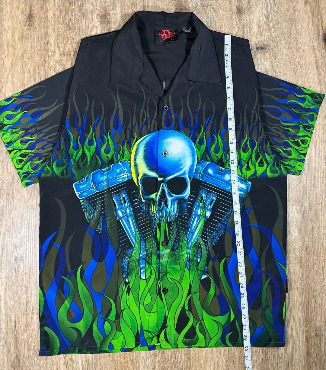 Y2K Skull Engine Green&Blue Flames Button-Up 5