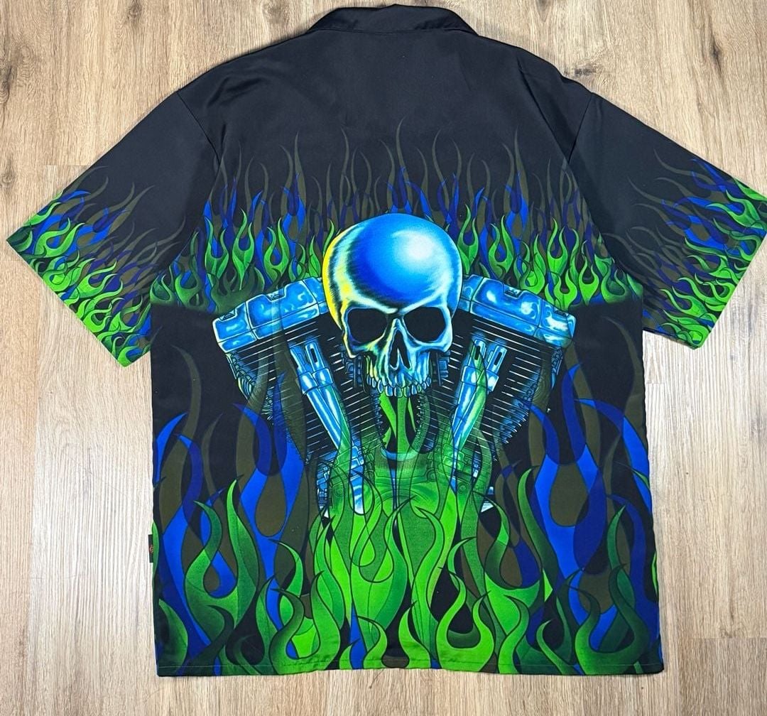 Y2K Skull Engine Green&Blue Flames Button-Up 7