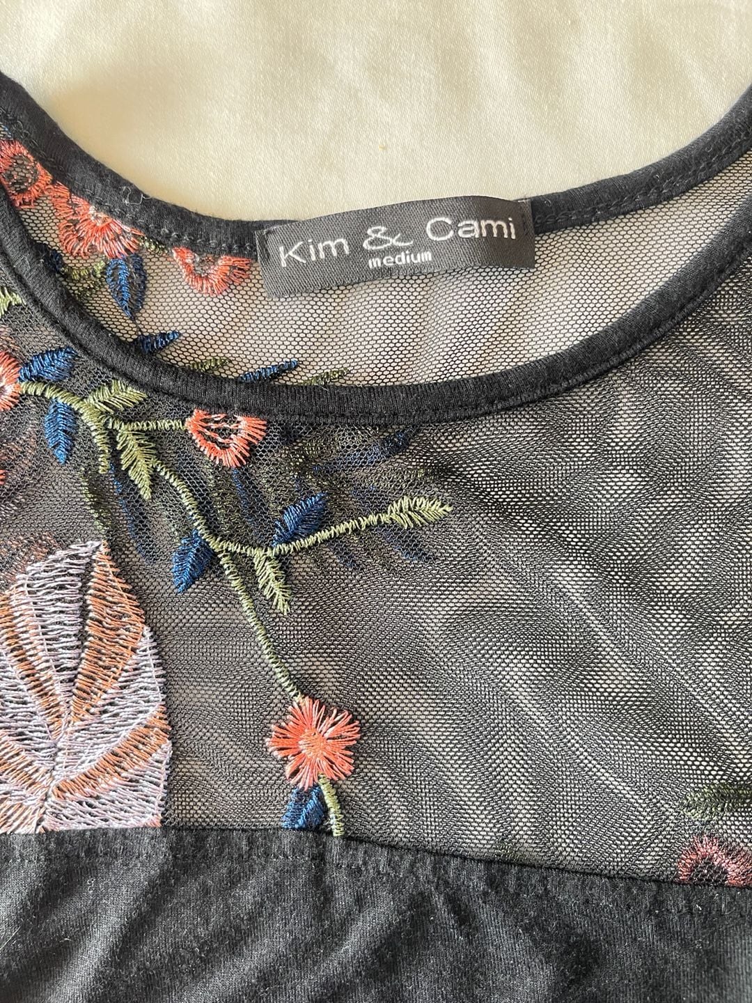Kim & Cami Women's Black Floral Embroidered Mesh Overlay Tunic Top 5