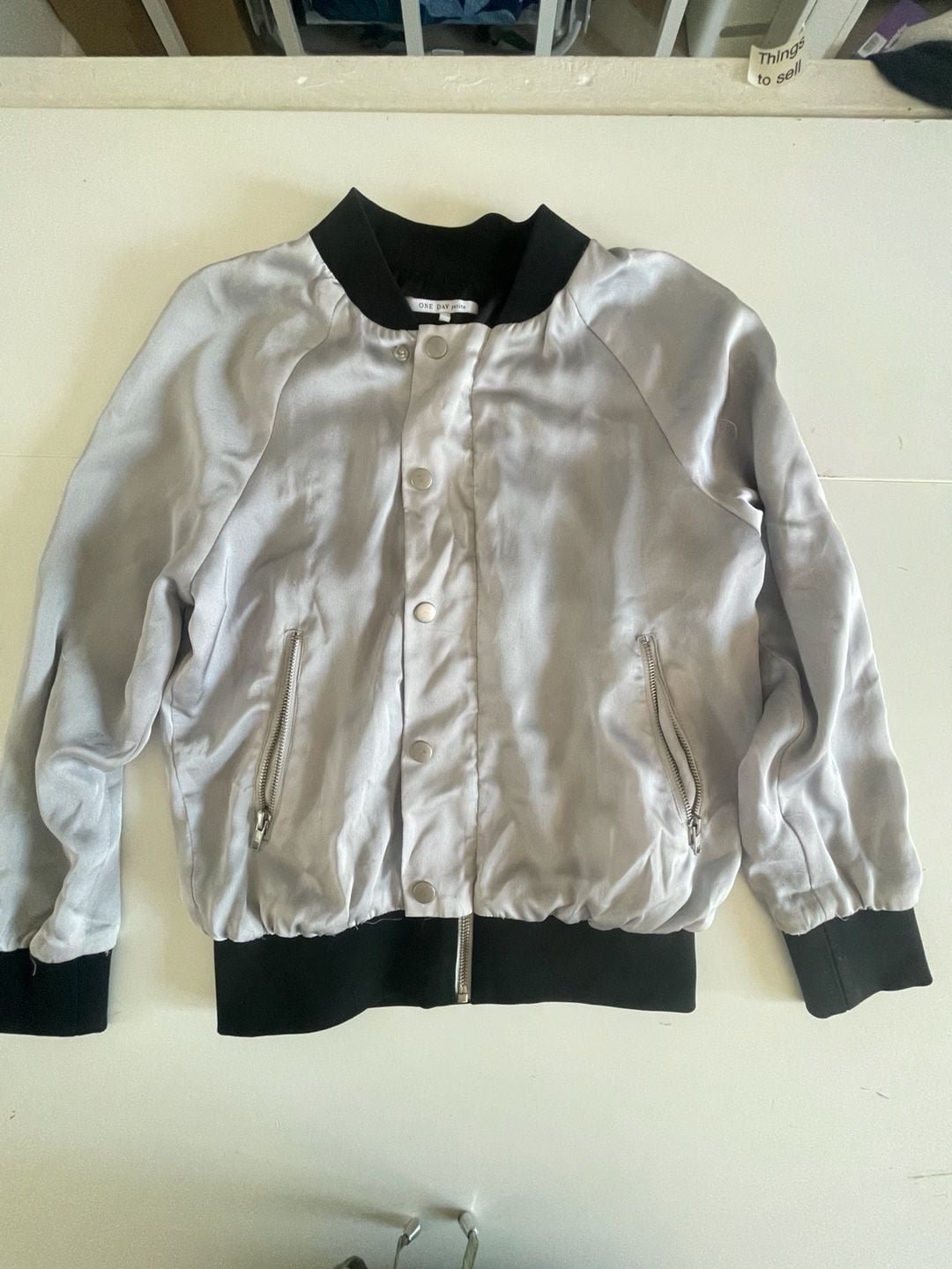 One Day Petite Women's Silver Satin Bomber Jacket with Black Ribbed Trim 2