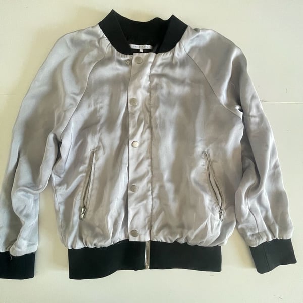 One Day Petite Women's Silver Satin Bomber Jacket with Black Ribbed Trim
