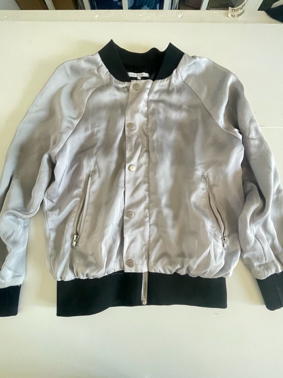 One Day Petite Women's Silver Satin Bomber Jacket with Black Ribbed Trim 3
