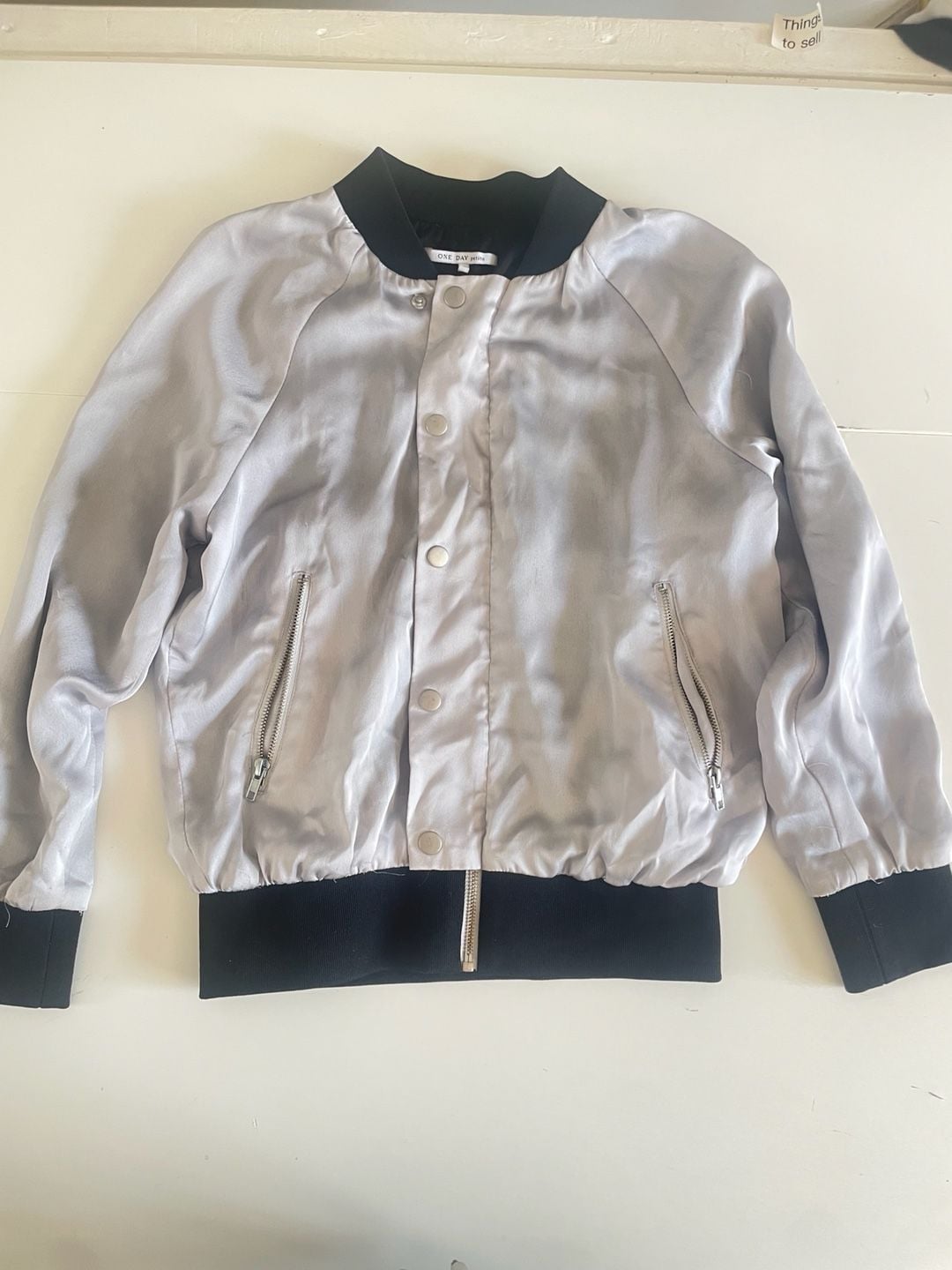 One Day Petite Women's Silver Satin Bomber Jacket with Black Ribbed Trim 4