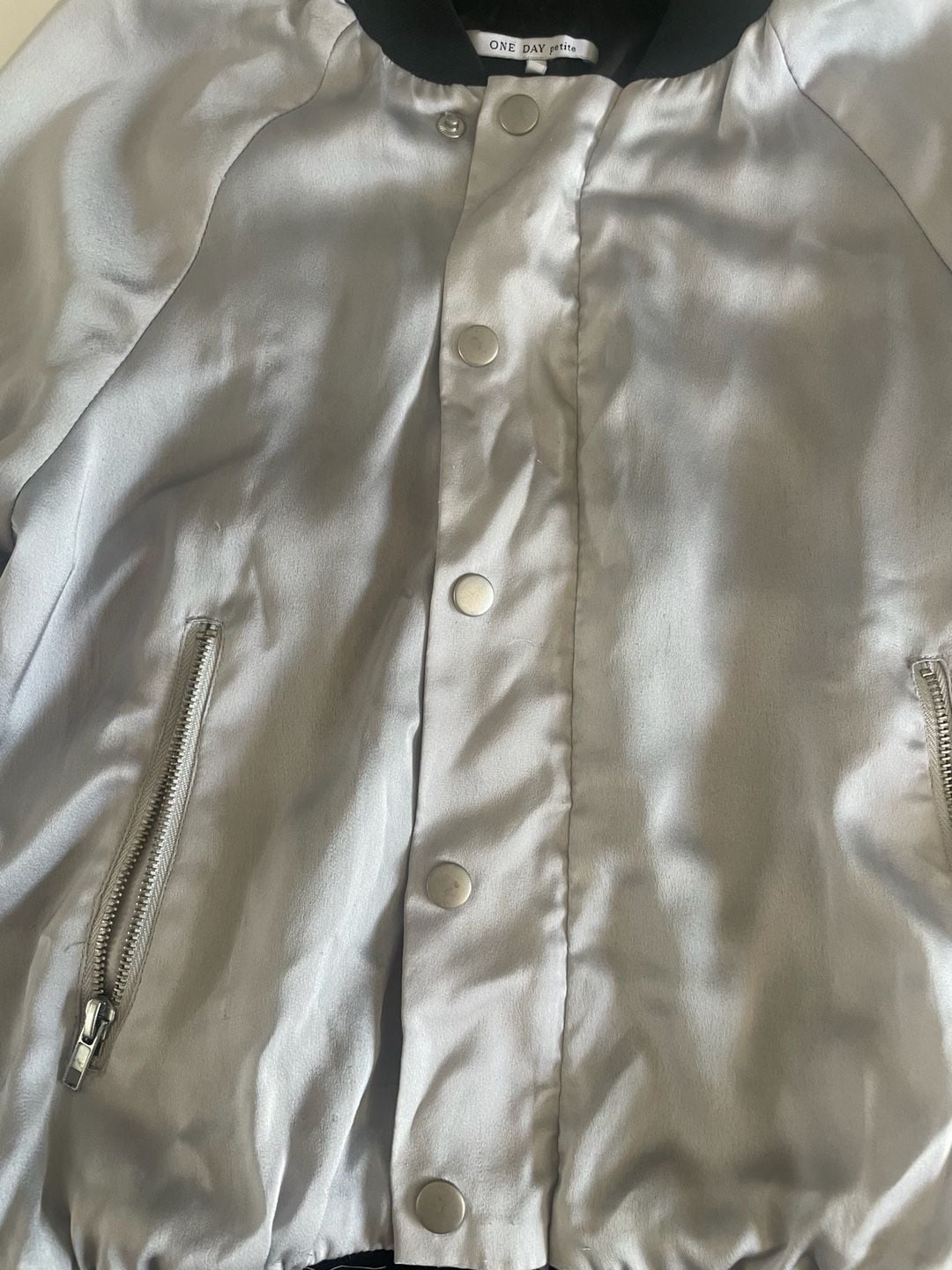 One Day Petite Women's Silver Satin Bomber Jacket with Black Ribbed Trim 5