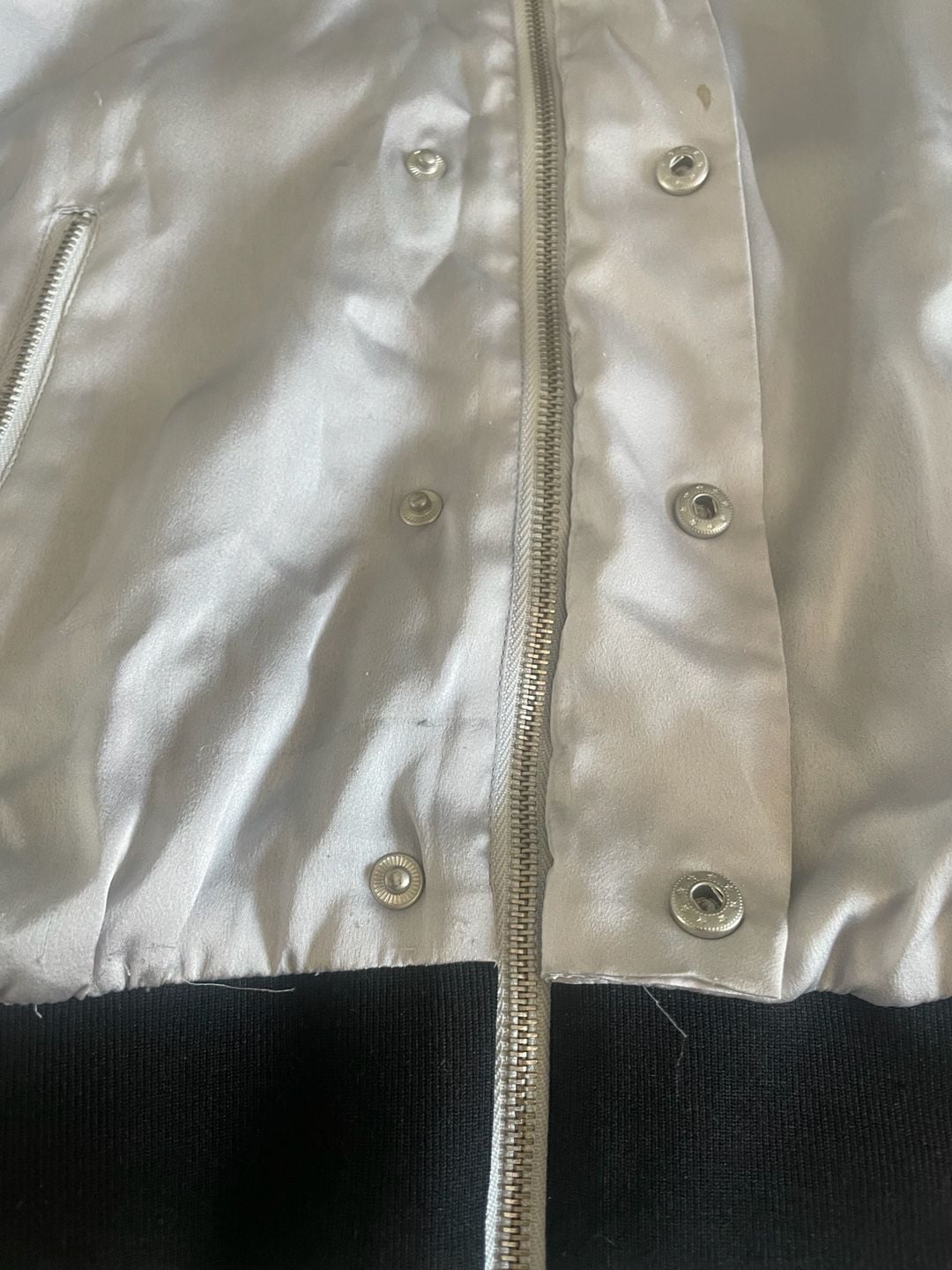 One Day Petite Women's Silver Satin Bomber Jacket with Black Ribbed Trim 6