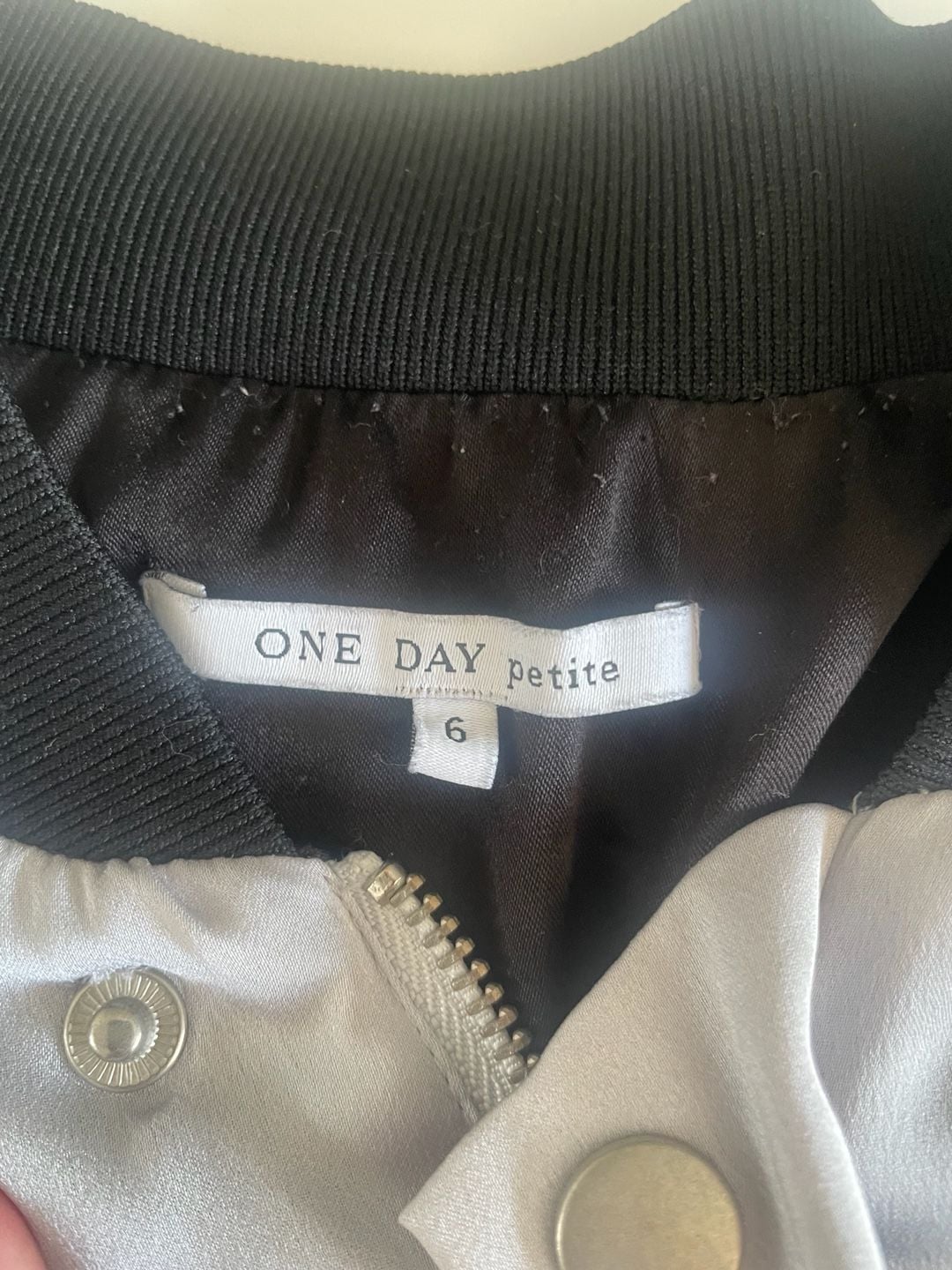 One Day Petite Women's Silver Satin Bomber Jacket with Black Ribbed Trim 7