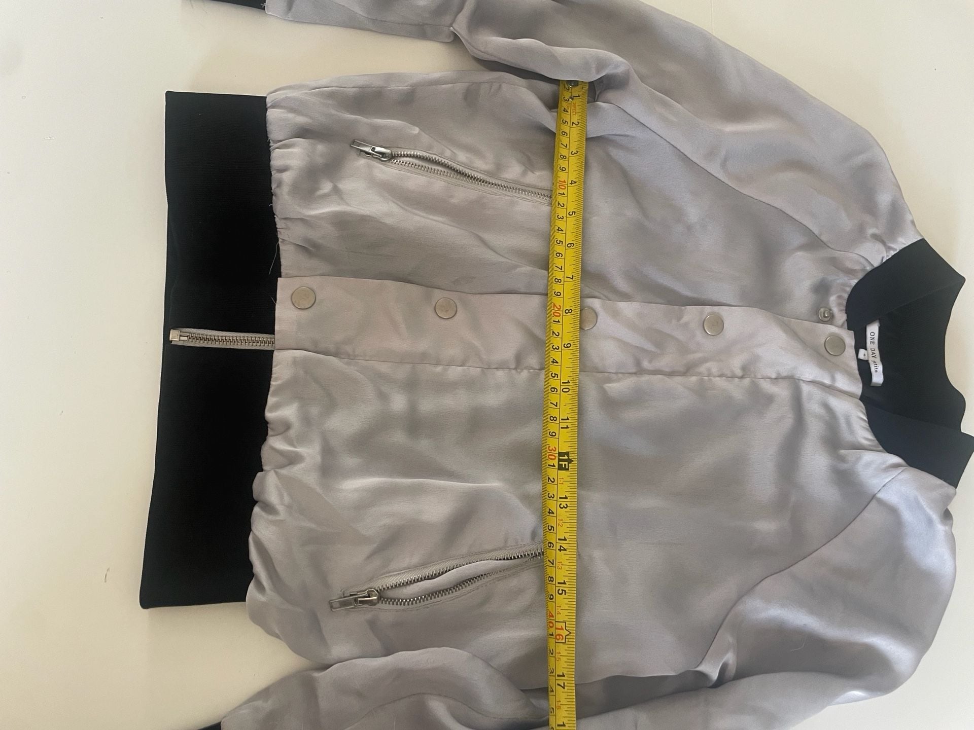 One Day Petite Women's Silver Satin Bomber Jacket with Black Ribbed Trim 8