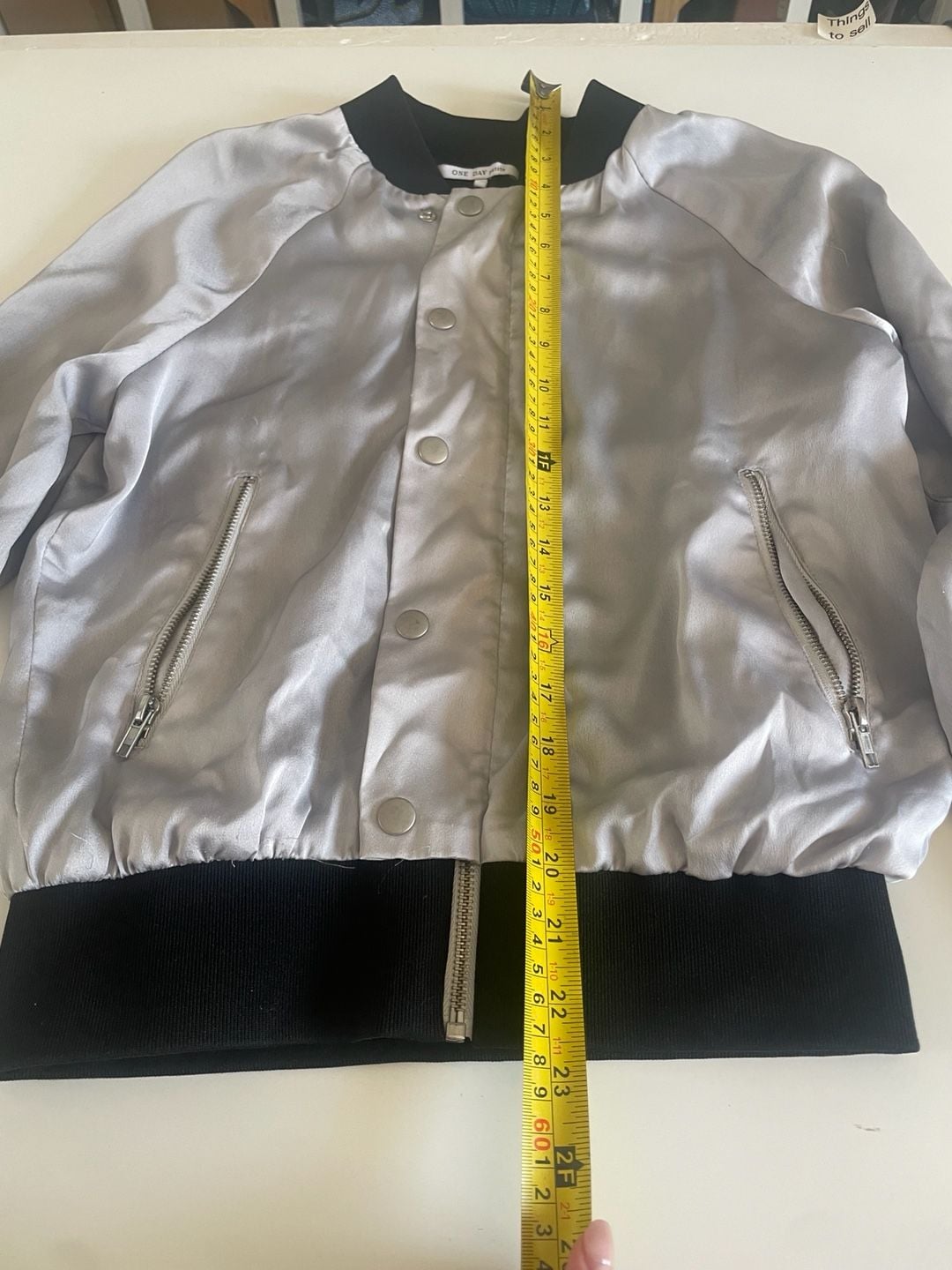 One Day Petite Women's Silver Satin Bomber Jacket with Black Ribbed Trim 9