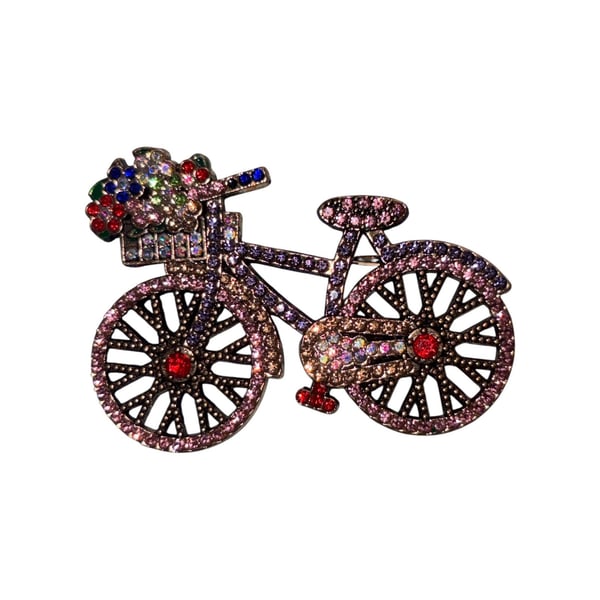 Vintage Style Multicolor Rhinestone & Crystal Bicycle Brooch Pin w/Flower Basket