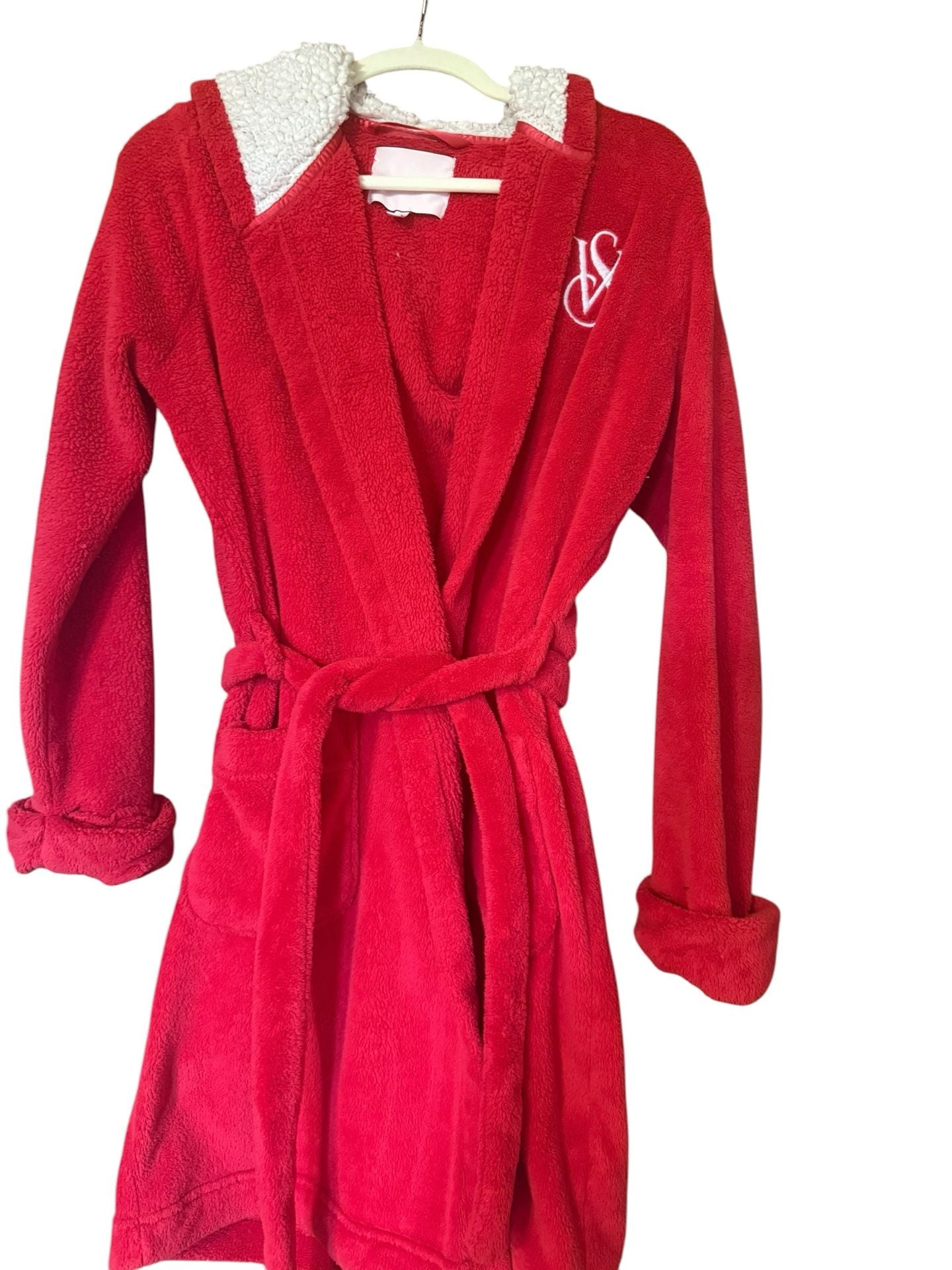 Victoria's Secret VS Logo Plush Sherpa Lined Hooded Robe in Red 2