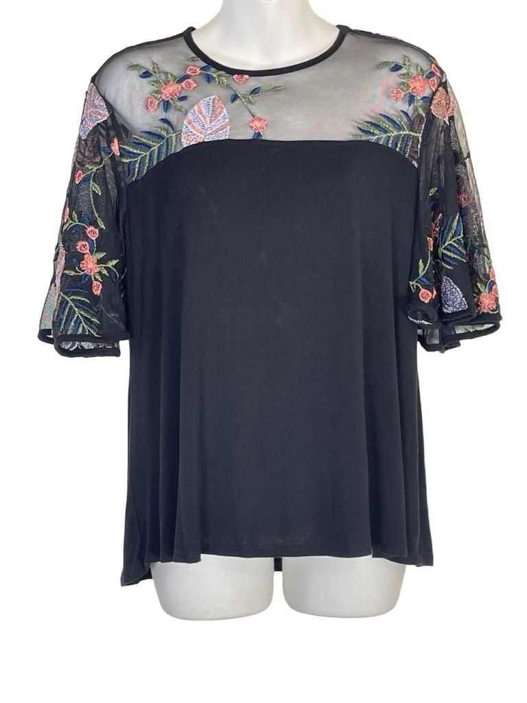 Kim & Cami Women's Black Floral Embroidered Mesh Overlay Tunic Top 2