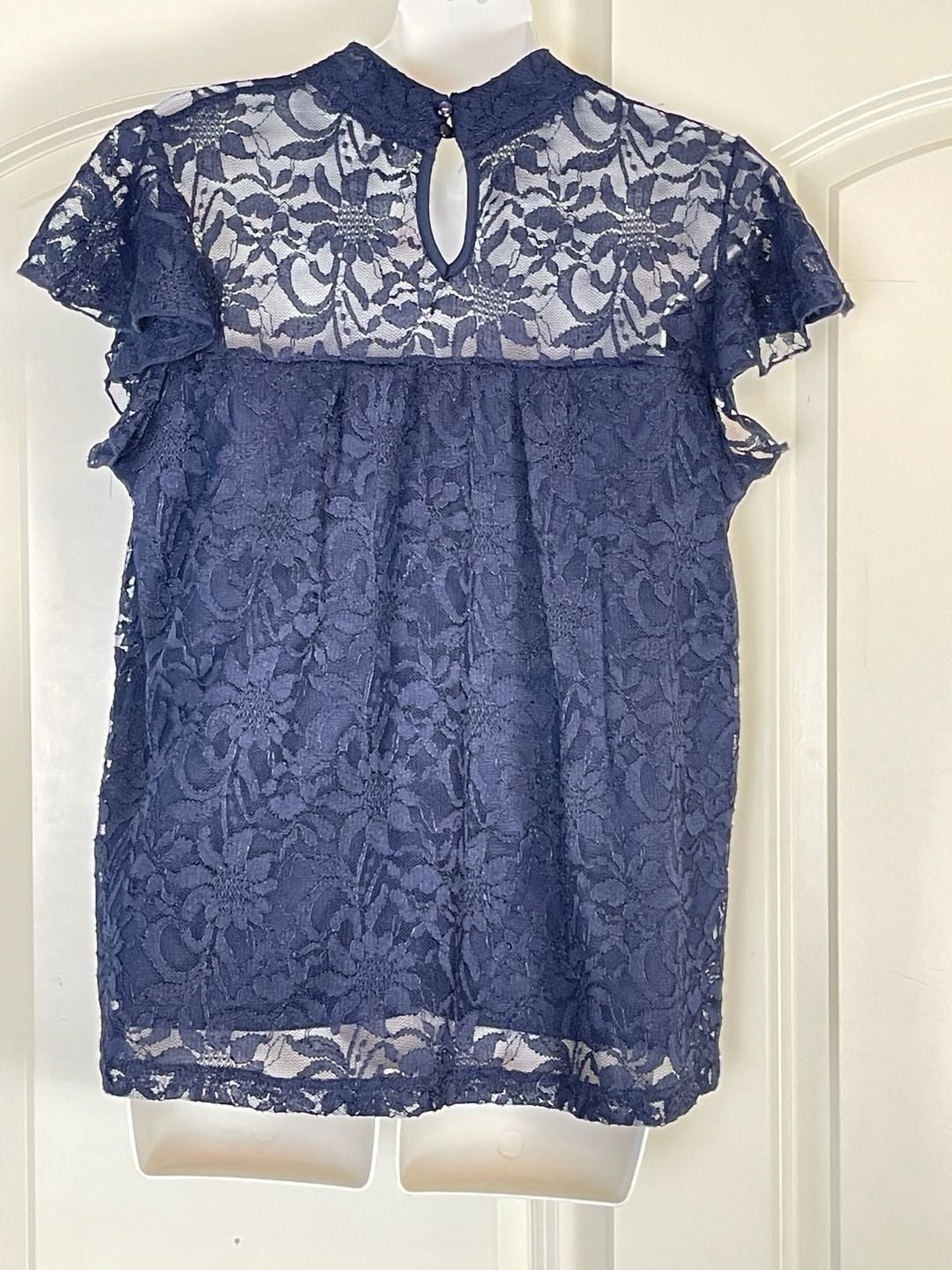 Shannon Ford New York Petite Navy Blue Lace Mock Neck Flutter Sleeve Top 3