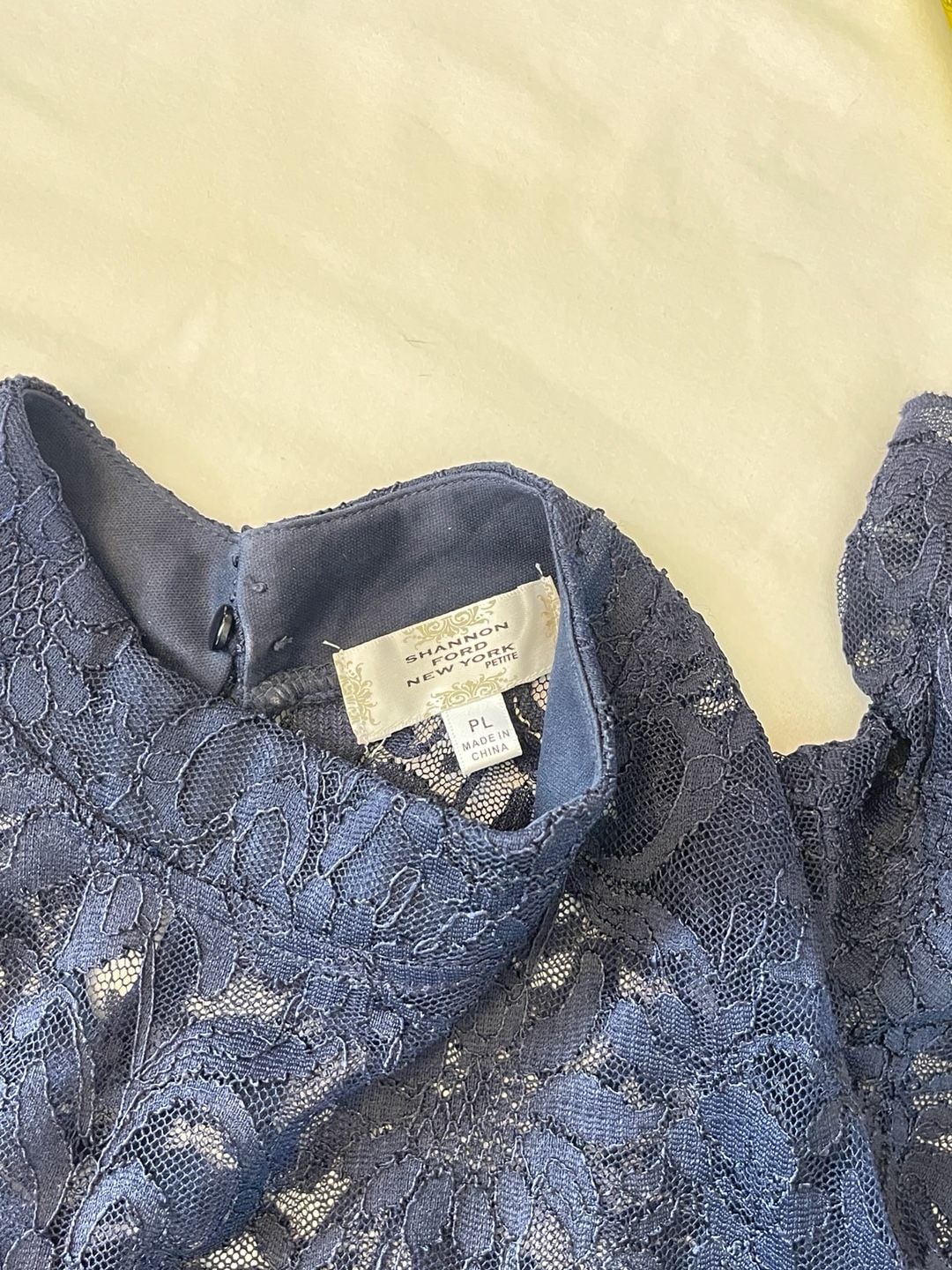 Shannon Ford New York Petite Navy Blue Lace Mock Neck Flutter Sleeve Top 4