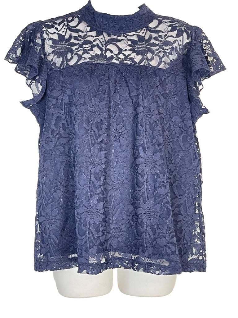 Shannon Ford New York Petite Navy Blue Lace Mock Neck Flutter Sleeve Top 2