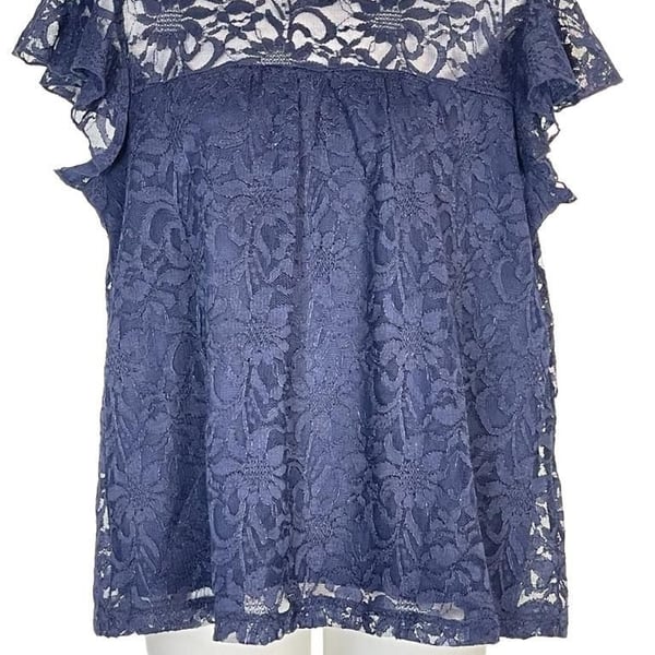 Shannon Ford New York Petite Navy Blue Lace Mock Neck Flutter Sleeve Top