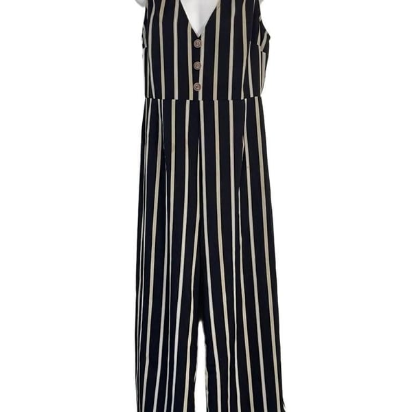 Vine and Love Striped Sleeveless V-Neck Button-Front Wide Leg Jumpsuit