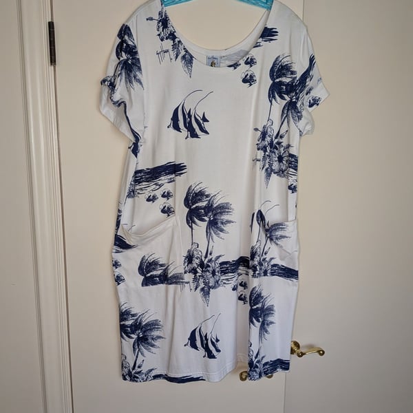 Guy Harvey by Aftco Bluewater Tropical Fish and Palm Tree Print Cotton Dress