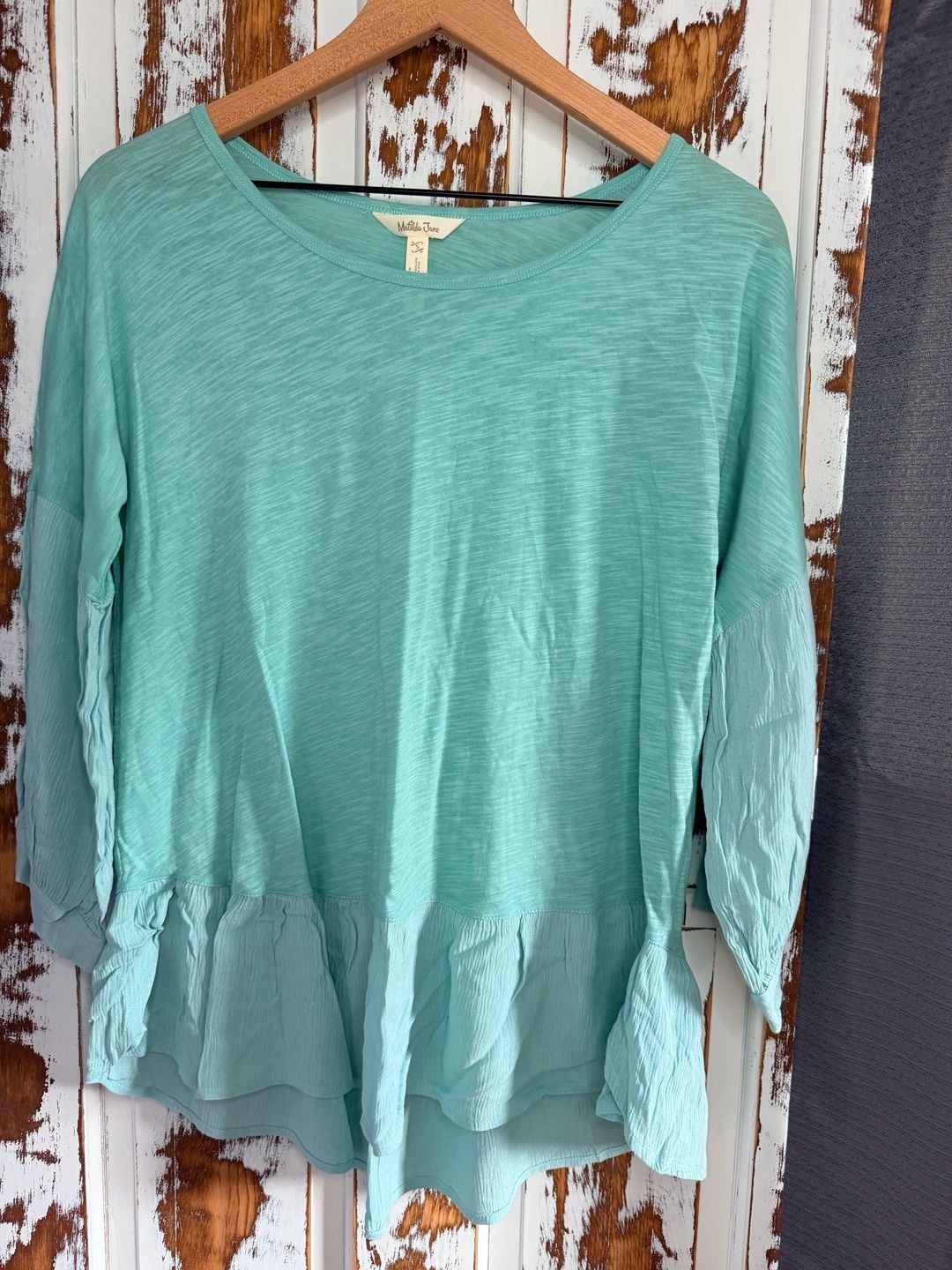 Matilda Jane Women’s Long Sleeve Peplum Oversized Top Size S Teal Boho Prairie 2
