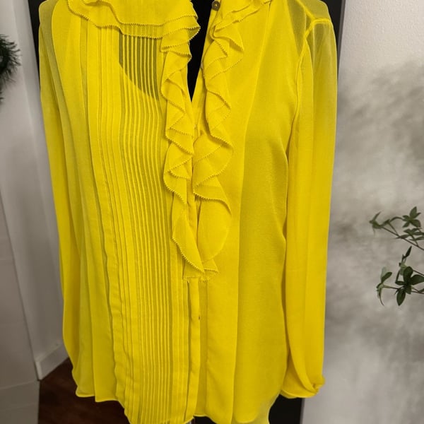 Diane von Furstenberg Yellow Ruffled Pleated Chiffon Button-Up Blouse