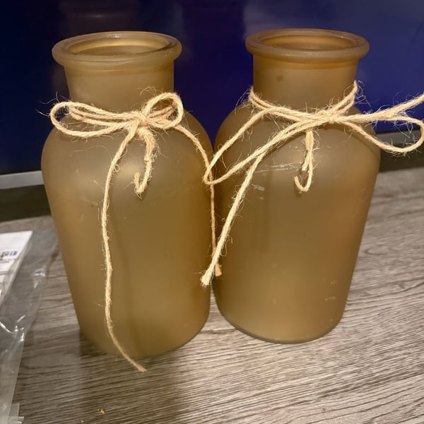 Amber Frosted Glass Bud Vases with Hemp Jute Rope Tie, Set of 2