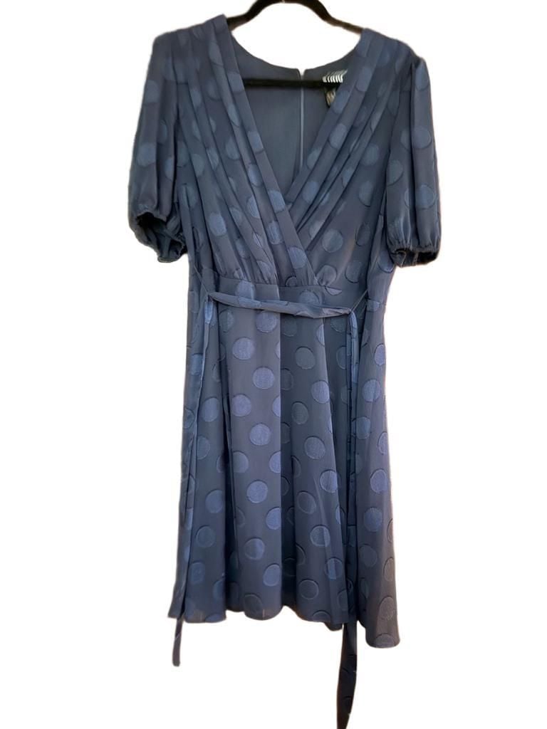 DKNY Women's Midnight Navy Blue Textured Polka Dot Faux-Wrap Short Sleeve Dress 3