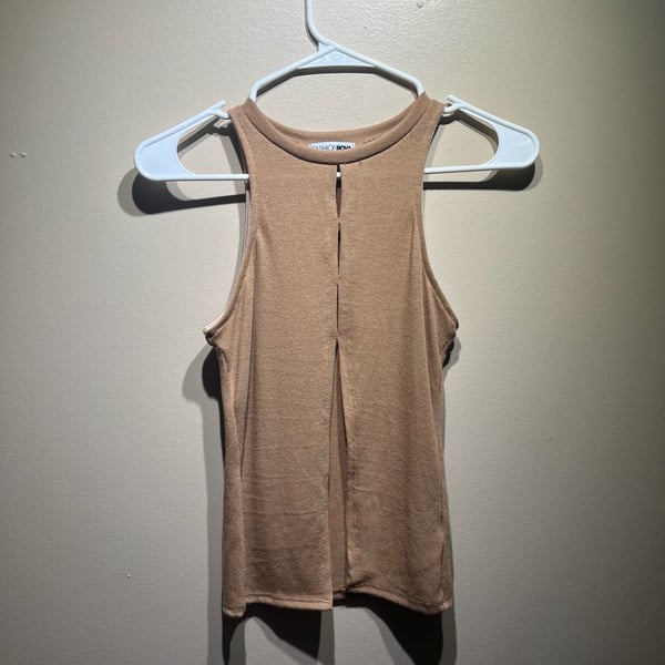 Fashion Nova SB8777 Sleeveless Tan Knit High Neck Tank Top with Front Slit