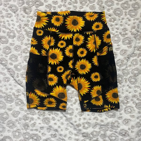 POP Fit Women's Sunflower Print High-Waisted Athletic Shorts with Pockets