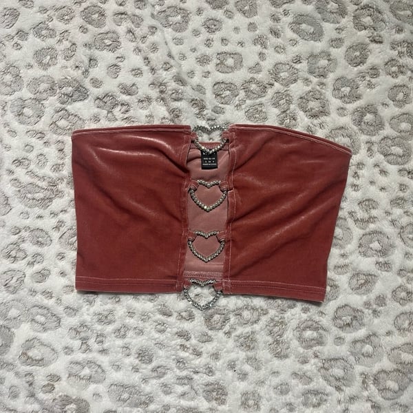 SHEIN Velvet Strapless Heart Rhinestone Detail Crop Top
