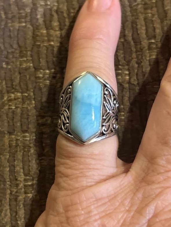 BBJ Sterling Silver Elongated Larimar Floral Filigree Ring 1