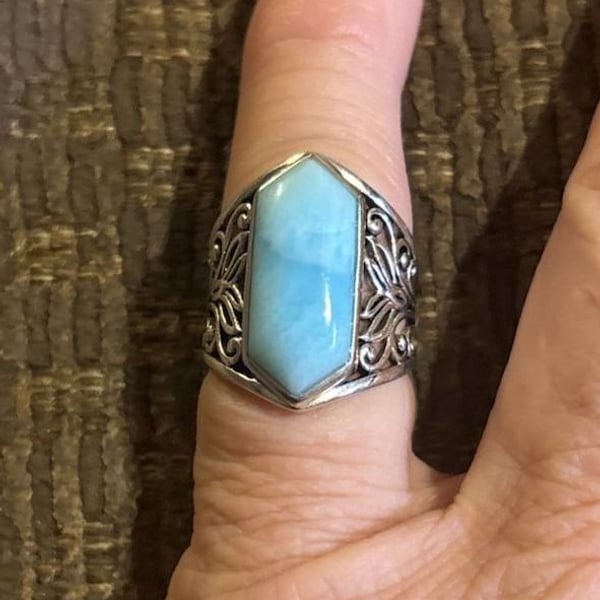 BBJ Sterling Silver Elongated Larimar Floral Filigree Ring