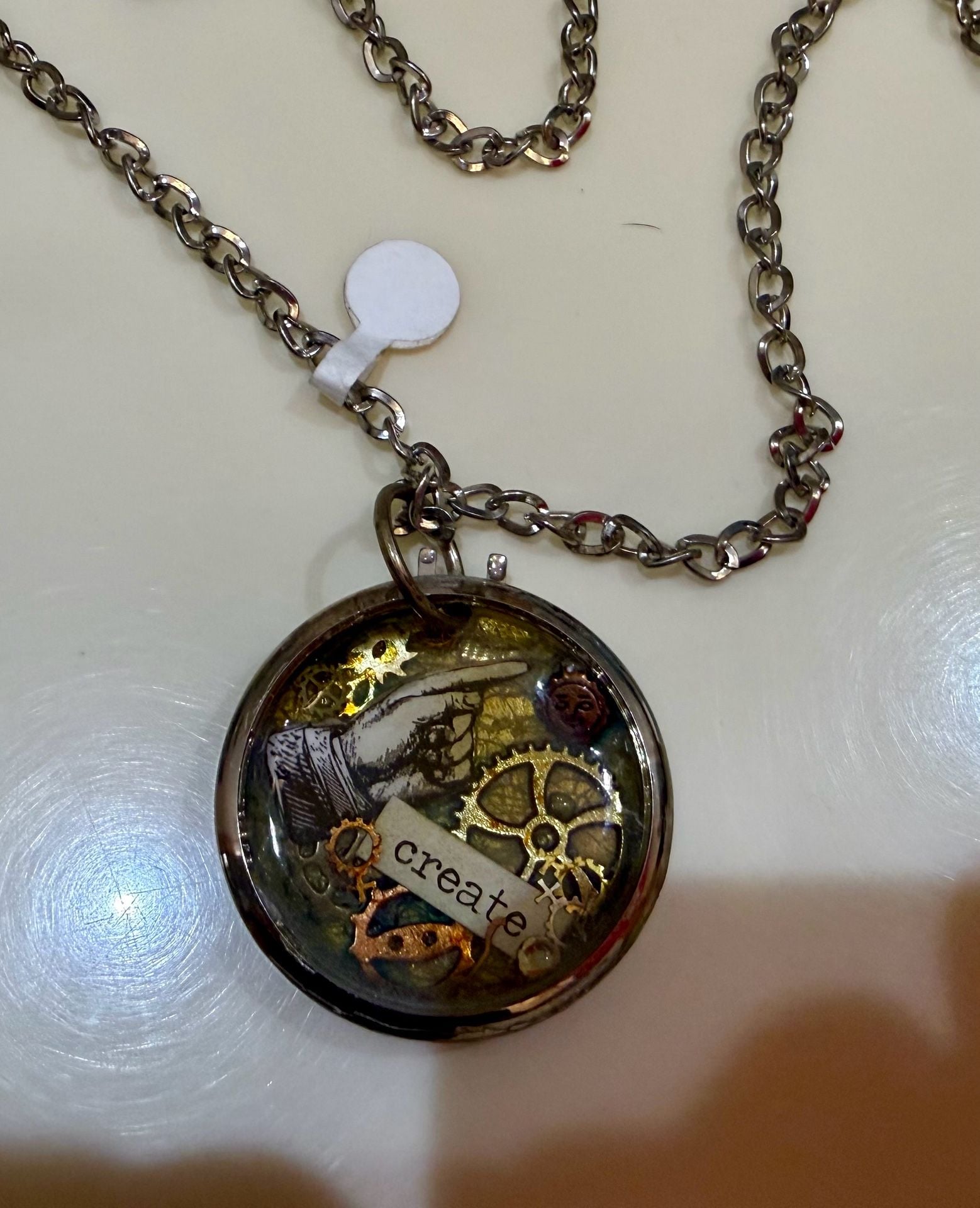 Steampunk Style Gear and 'Create' Illustration Resin Pendant Necklace 1
