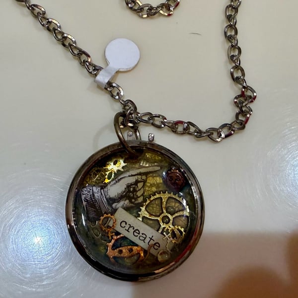 Steampunk Style Gear and 'Create' Illustration Resin Pendant Necklace