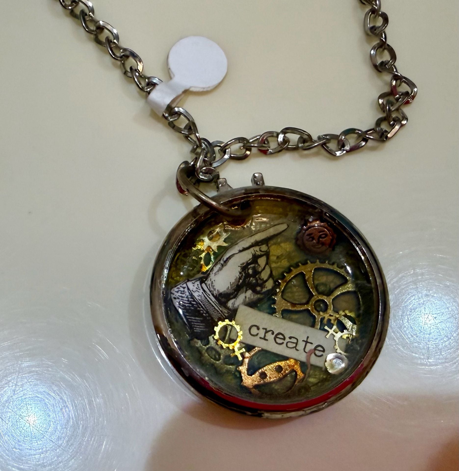 Steampunk Style Gear and 'Create' Illustration Resin Pendant Necklace 2
