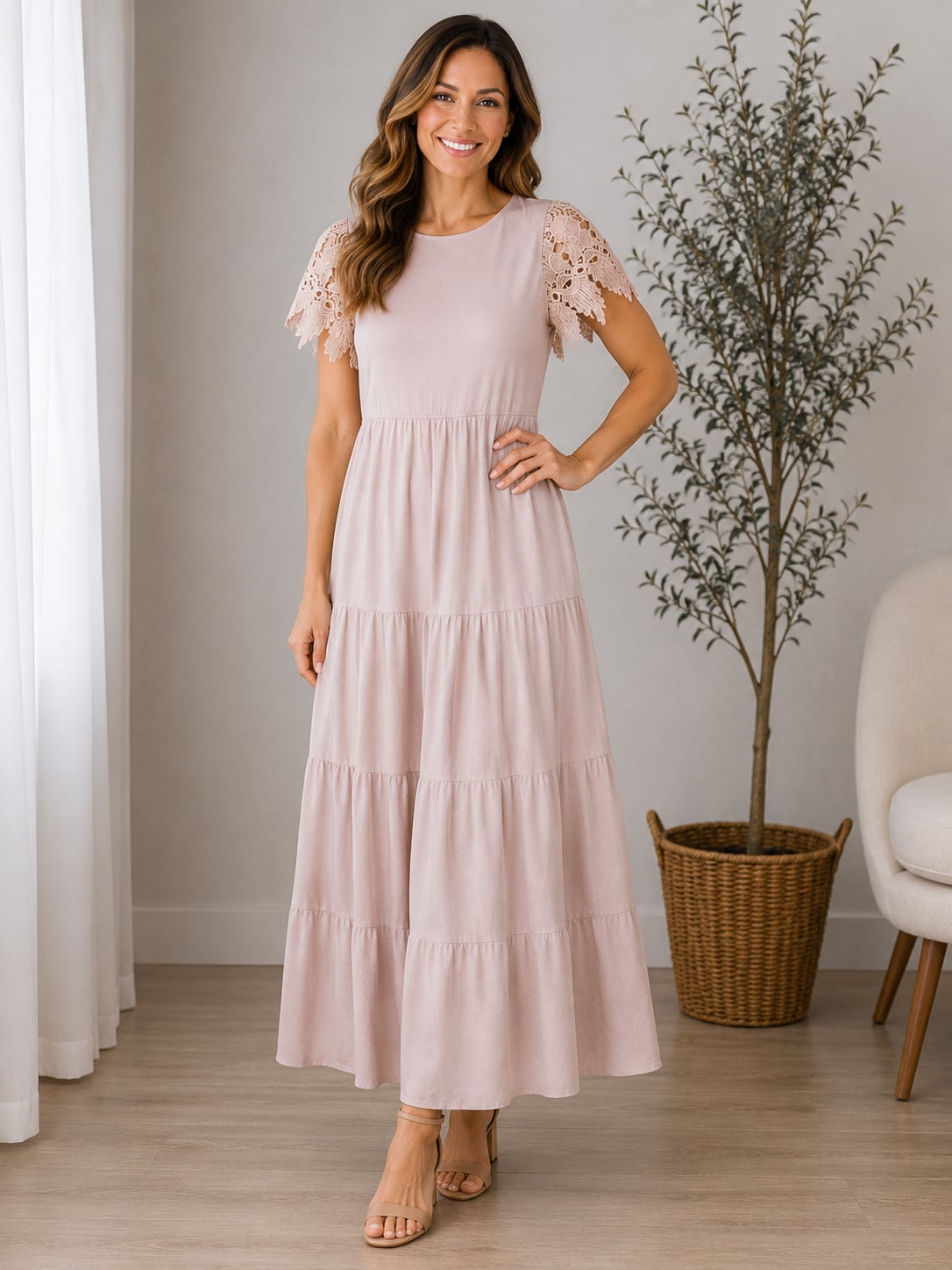 Böhme Pink Tiered Maxi Dress Lace Flutter Sleeves Boho Lined XL 2
