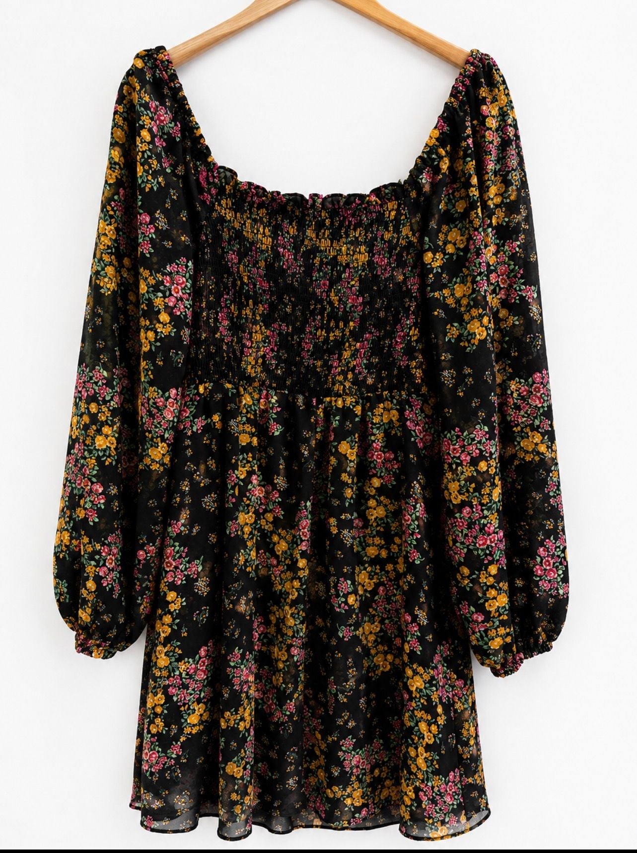 BCBG Paris Floral Smocked Square Neck Chiffon Dress Black Medium 8