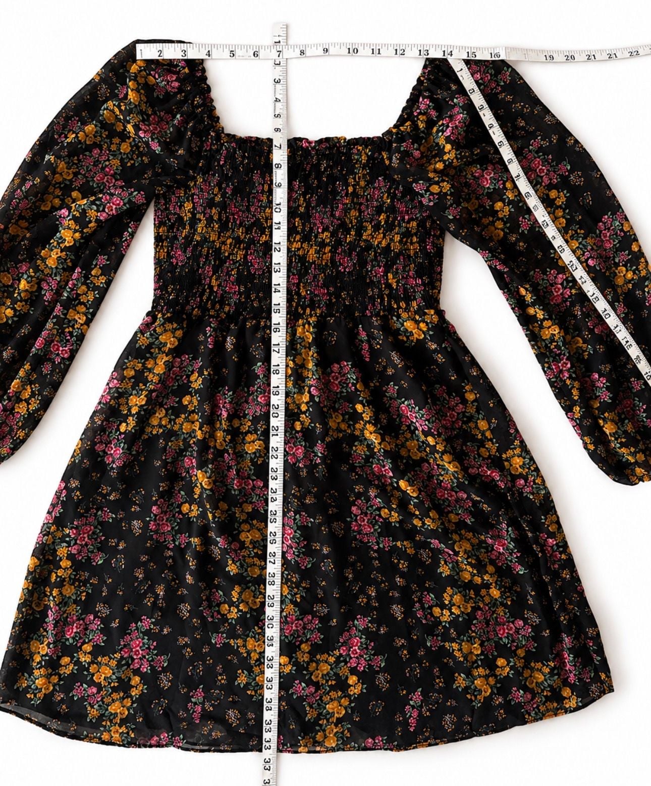 BCBG Paris Floral Smocked Square Neck Chiffon Dress Black Medium 9