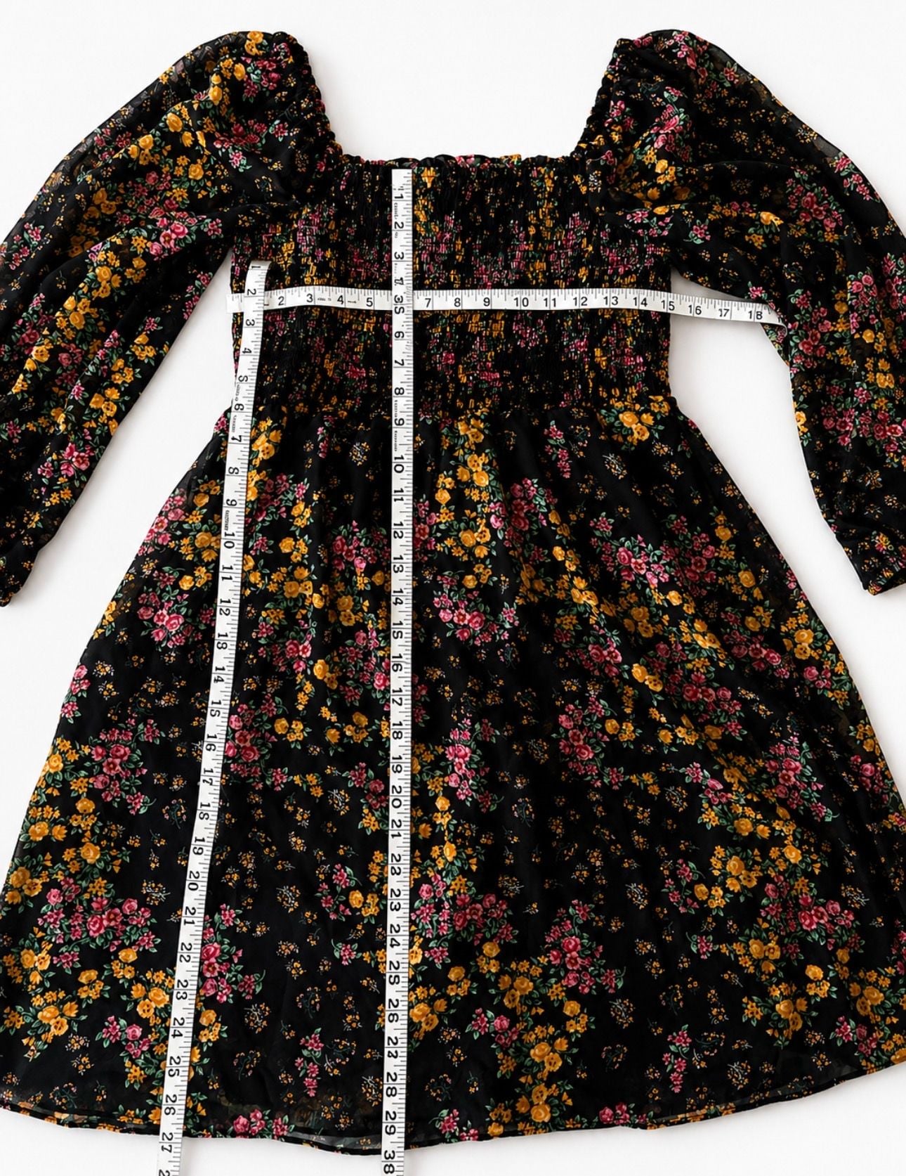 BCBG Paris Floral Smocked Square Neck Chiffon Dress Black Medium 10
