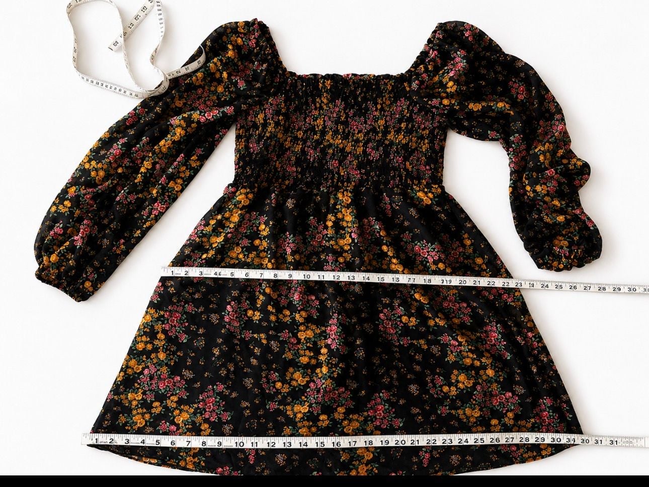 BCBG Paris Floral Smocked Square Neck Chiffon Dress Black Medium 11