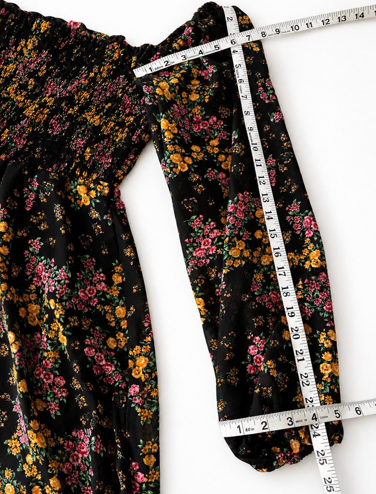 BCBG Paris Floral Smocked Square Neck Chiffon Dress Black Medium 12