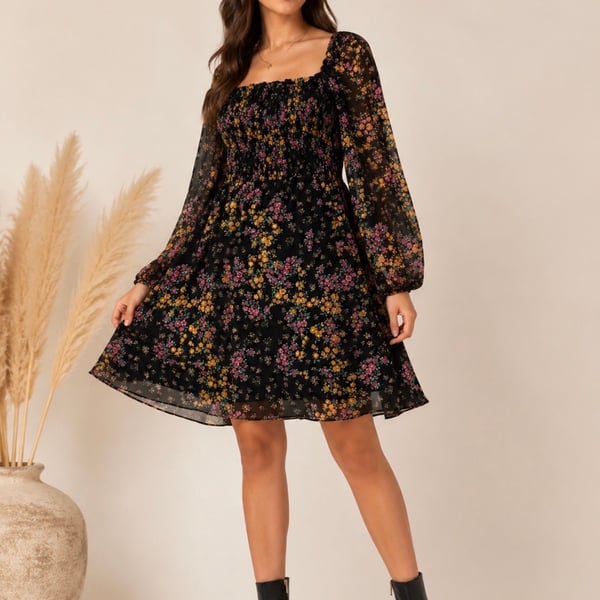 BCBG Paris Floral Smocked Square Neck Chiffon Dress Black Medium