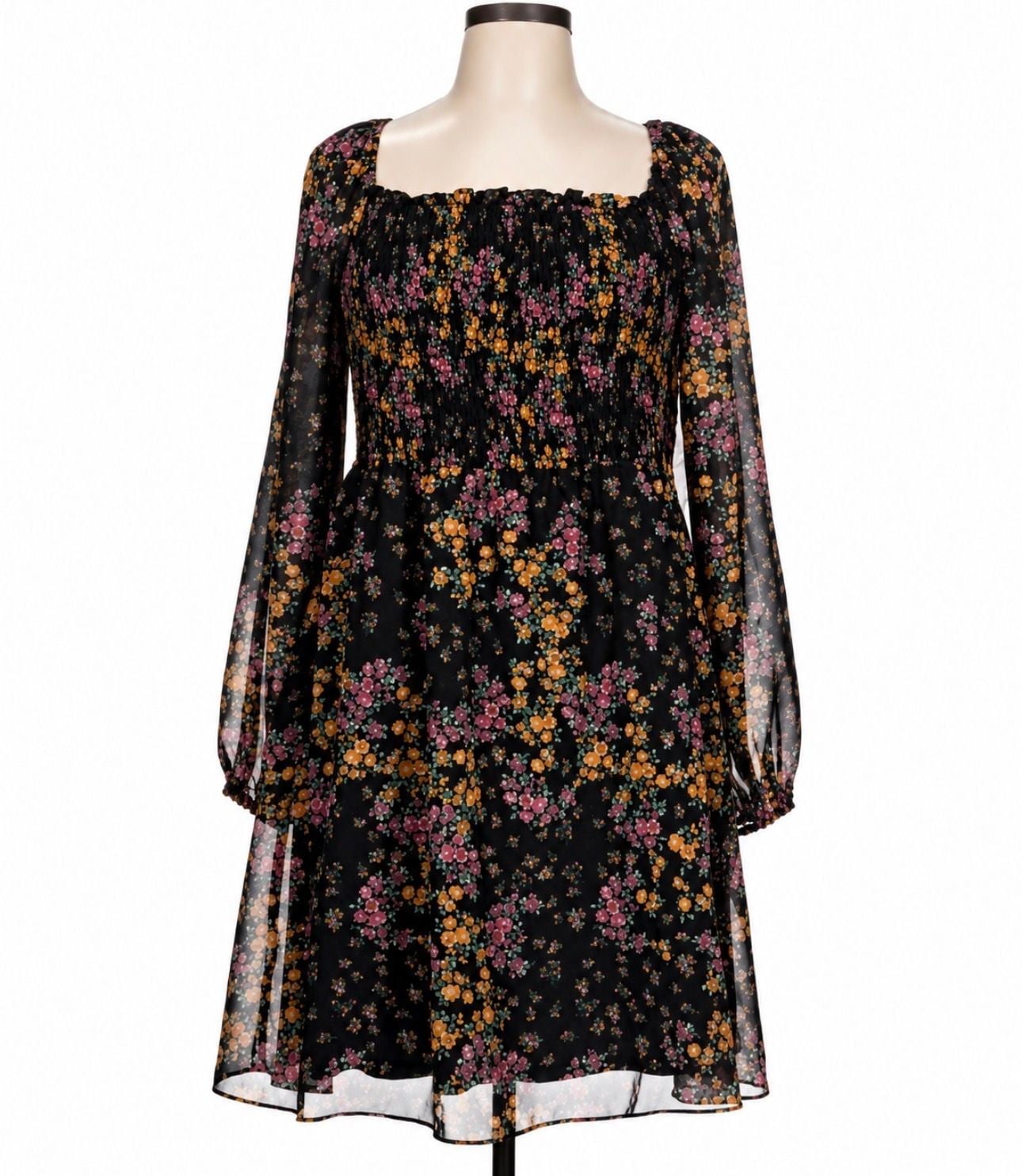 BCBG Paris Floral Smocked Square Neck Chiffon Dress Black Medium 7