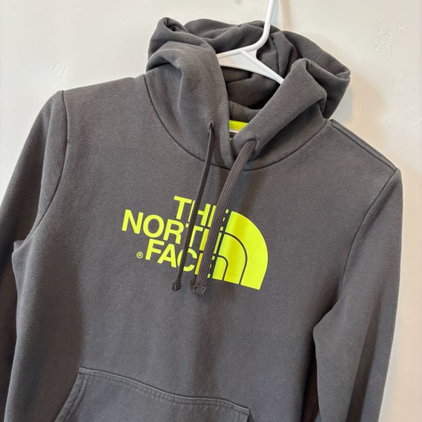 The North Face Women's S Pullover Hoodie in Charcoal Grey with Neon Lime Logo