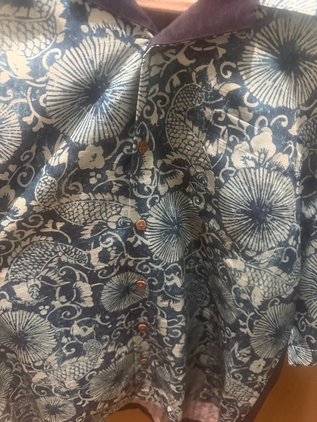 Tommy Bahama Blue Floral and Koi Fish Pattern Short Sleeve Button Up Shirt 4