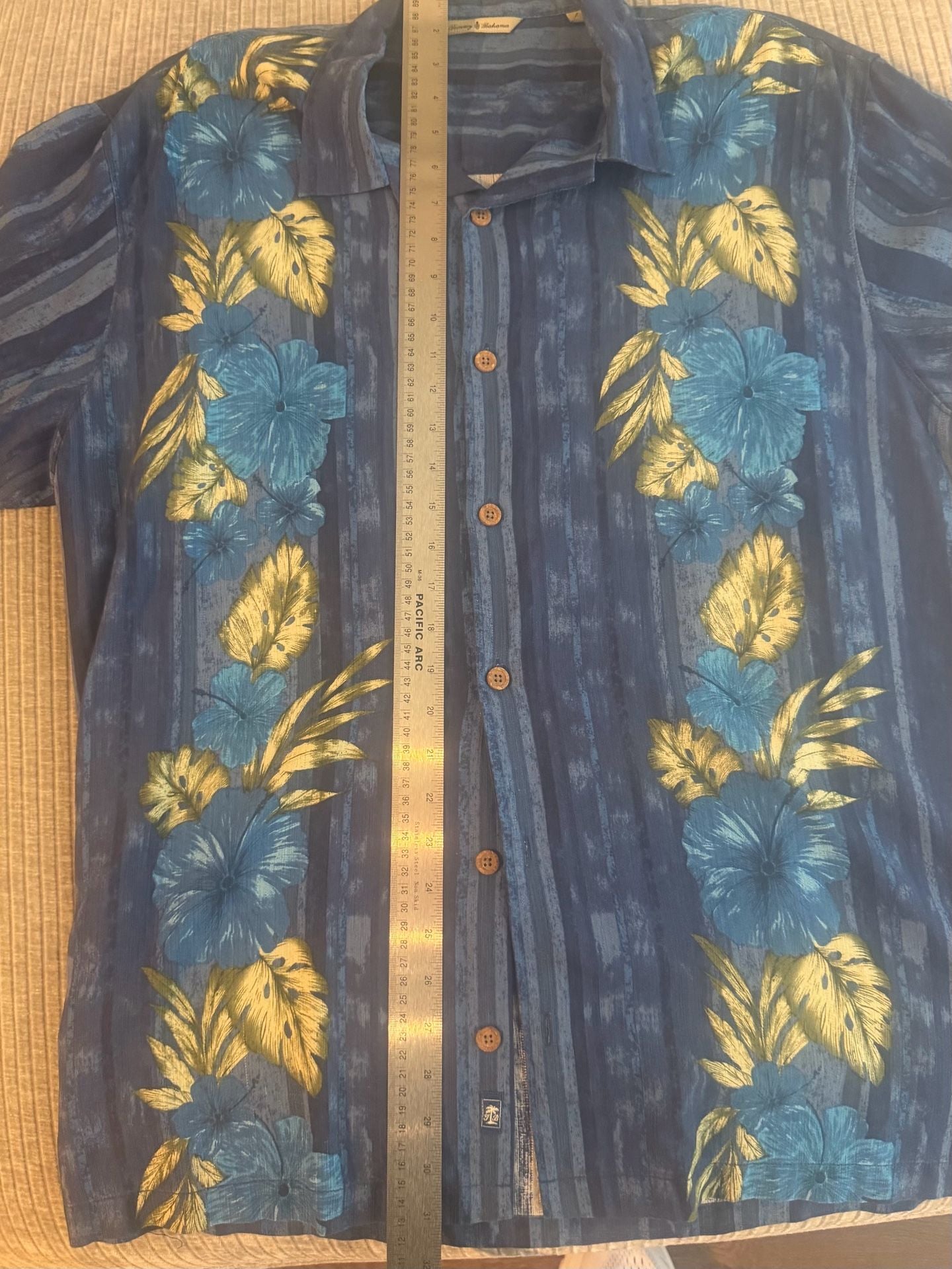 Tommy Bahama Men's XL Blue Silk Hawaiian Shirt Floral Panel Print Short Sleeve 7