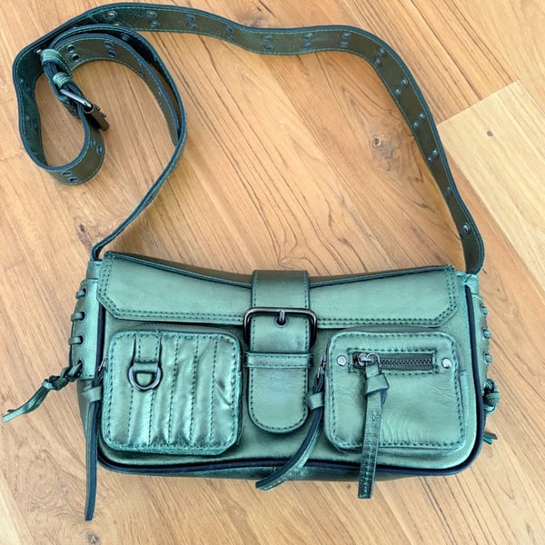 Free People High Speed Crossbody Bag in Metallic Green Leather Y2K