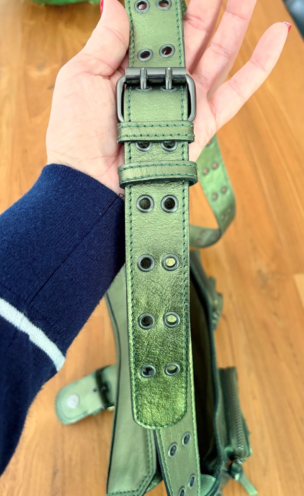 Free People High Speed Crossbody Bag in Metallic Green Leather Y2K 11