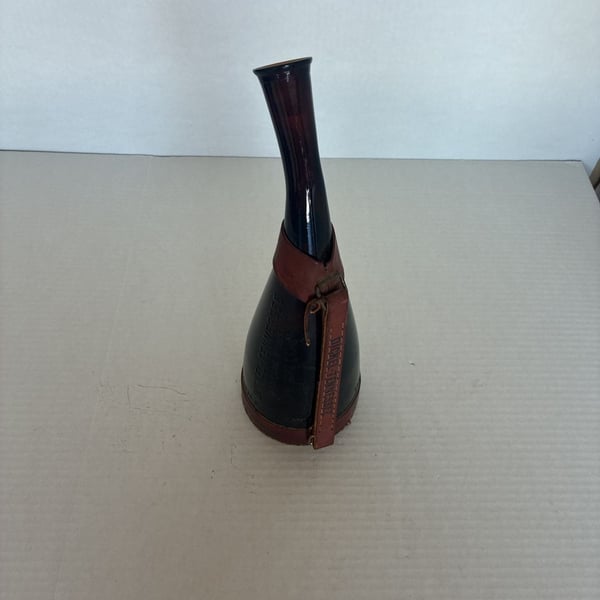 Vintage George Dickel Tennessee Whiskey Amber Glass Powder with Leather Harness