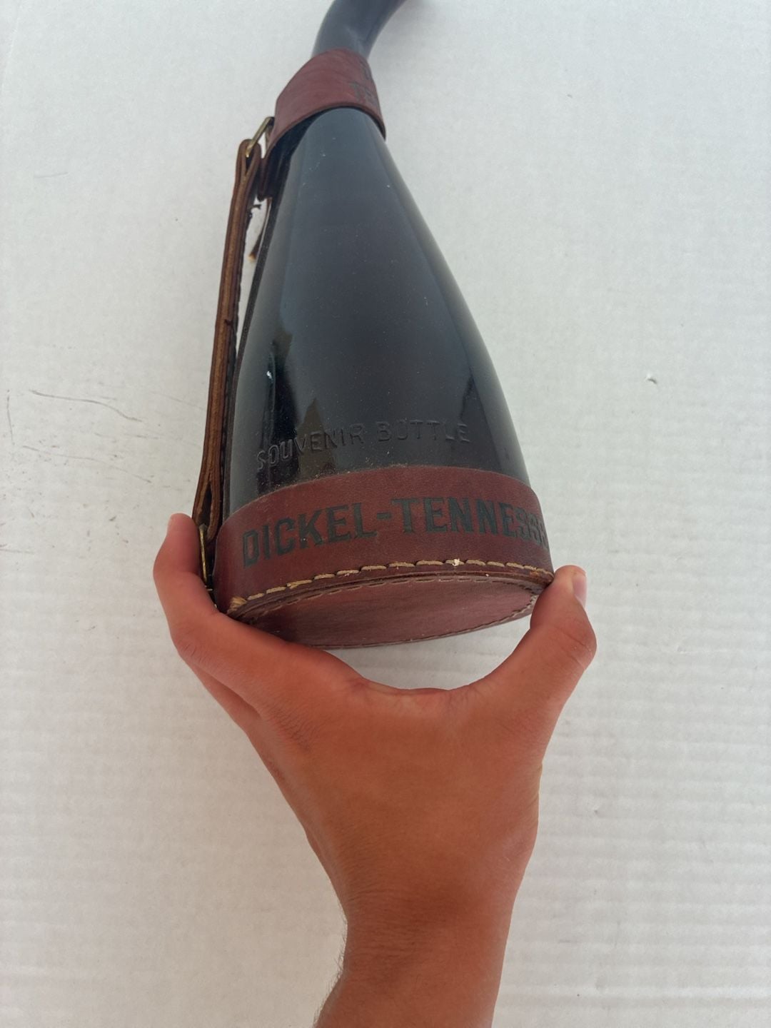 Vintage George Dickel Tennessee Whiskey Amber Glass Powder with Leather Harness 3